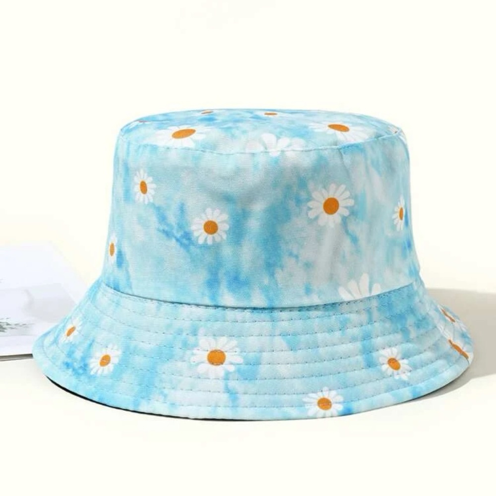 Floral Daisy Print Summer Bucket Hat Blue Yellow White